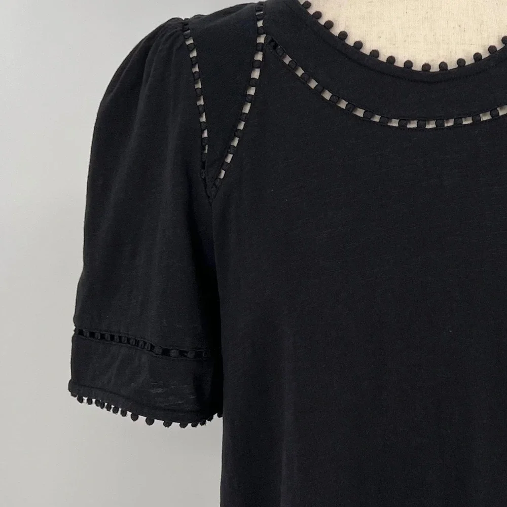 Boden Womens Mila Pom Pom Trim Short Puff Sleeve Top Size 8 Black Cotton Boho